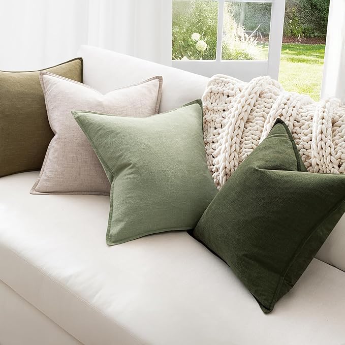 MIULEE Green and White Pillow Covers Pack of 4 Decorative Natural Solid Throw