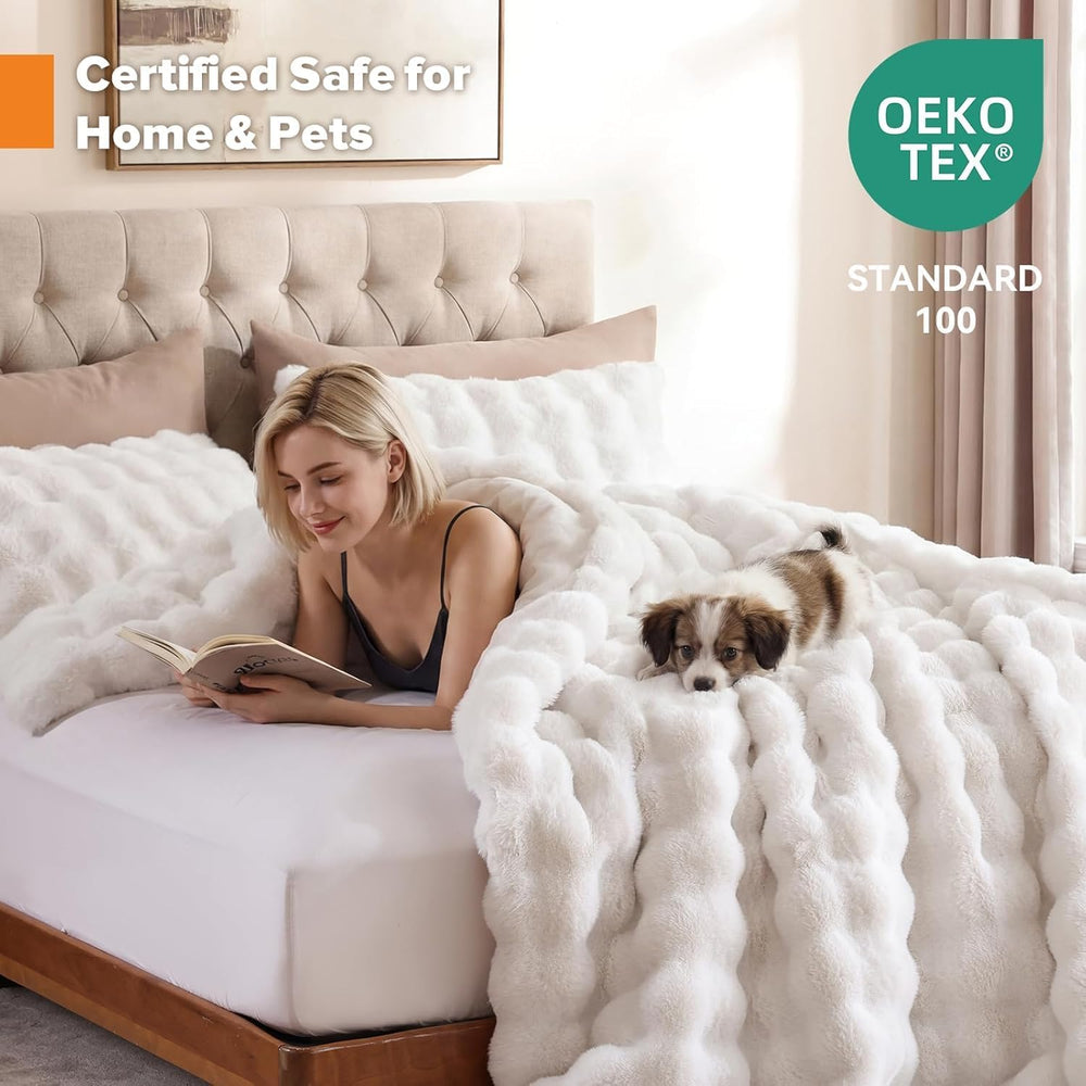 YIKUSH Queen Faux Fur Soft Comforter Set, Fluffy White Rabbit Fur Comforter