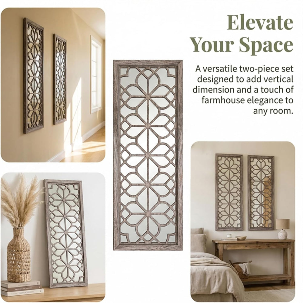 Set of 2 16x41.5 Inch Large Carved Floral Wood Frame Wall Mirrors, Shatterpro...