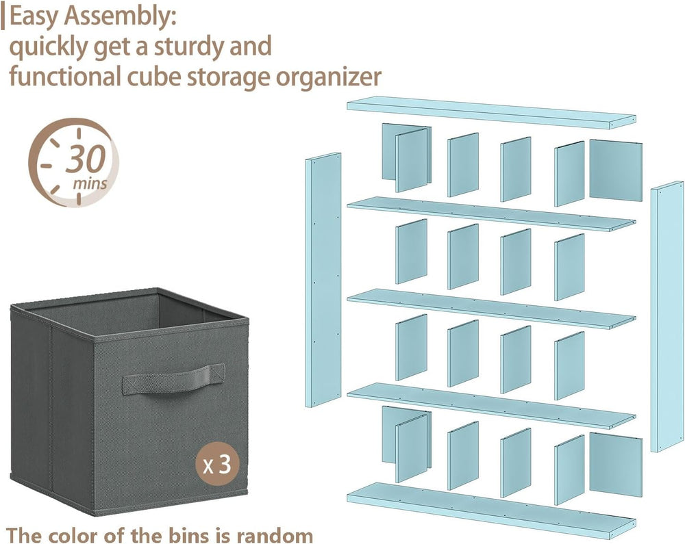 Sturdy Wooden Bookshelf with Storage Bins - 20-Cube Organizer, Multifunctiona...