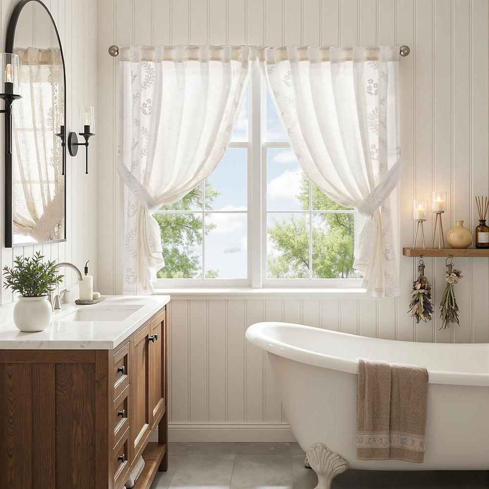 jinchan White Floral Linen Kitchen Tier Curtains 50x45 Inch 2 Panels
