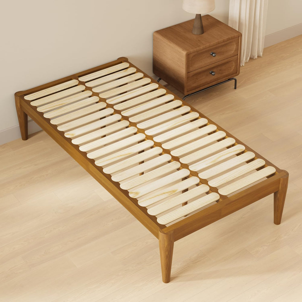 IOTXY Twin Platform Bed Frame - 16" Wood Mattress Foundation Base, Teak
