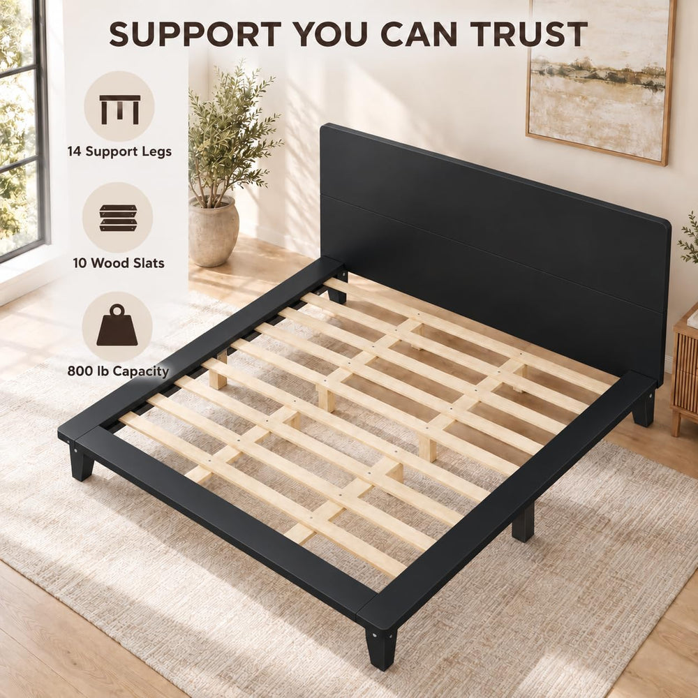 King Size Japanese Wooden Bed Frame with Black Headboard