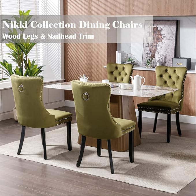 Velvet Dining Chairs Set of 4, Tufted Upholstered Wingback with Back Ring Pul...