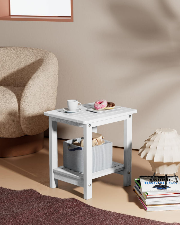 YEFU Outdoor Side Table Set of 2, Weather Resistant HIPS, 2-Tier, White