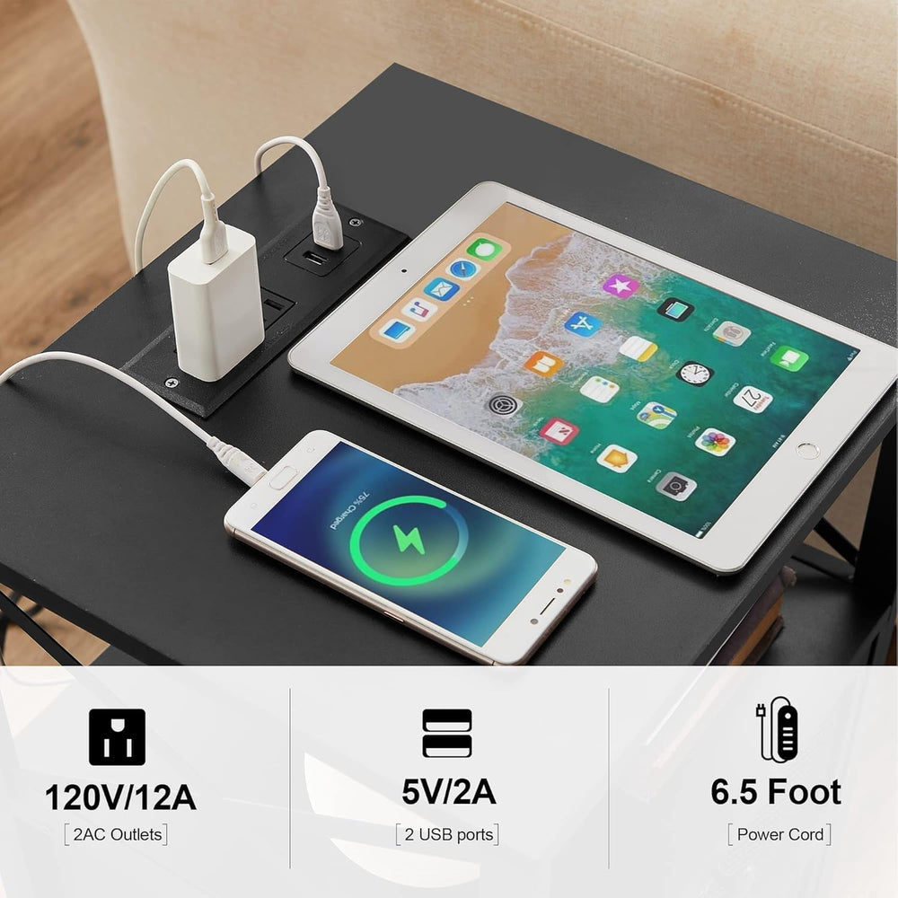 VECELO Black End Table with USB Ports and Outlets,24 Inch Nightstands with Ch...