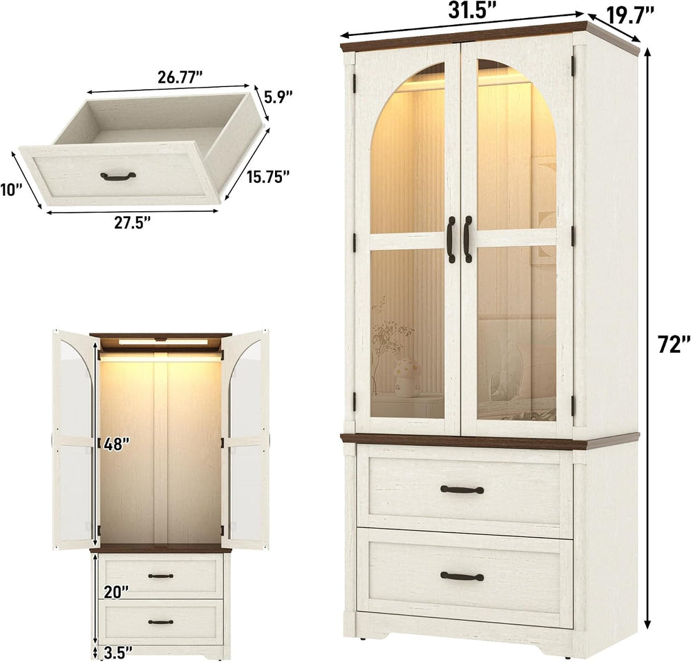 Tall Farmhouse 2 Doors Armoire Wardrobe Closet with LED ,72" Freestandin...