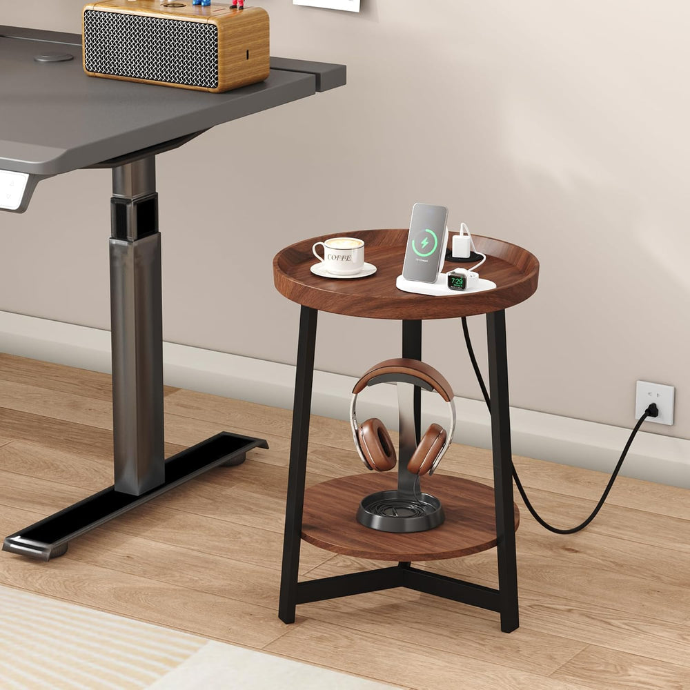 Round Industrial Side Table with Charging Station,2-Tier Round End Table with...