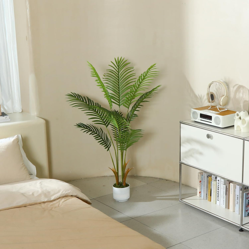 4FT Artificial Palm Tree Indoor with White Pot, Realistic Leaves, 9 Trunks Ad...
