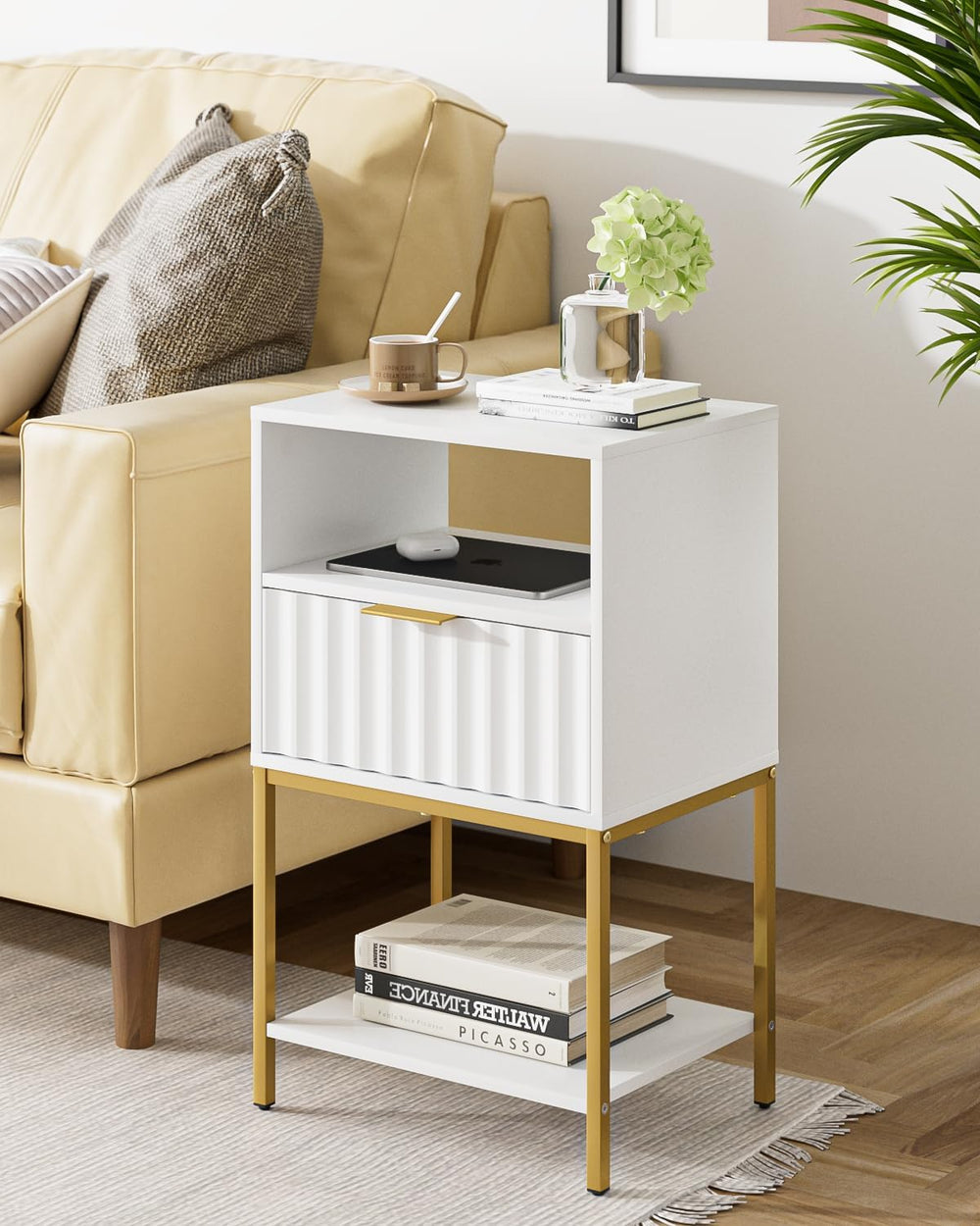 Nightstand,Modern Bedside Table with One Drawer and Two Shelf,White Night Sta...