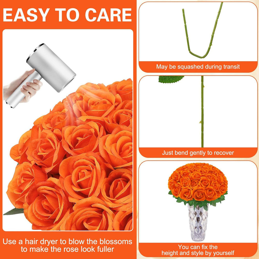 36 Pcs Orange Artificial Roses with Long Stems