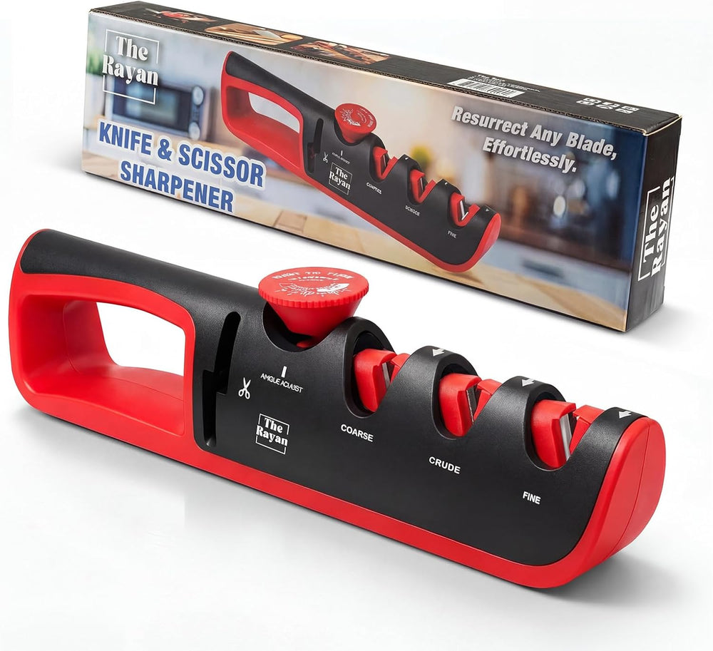 Knife Sharpener, 4-in-1 with Non-Slip Base and Adjustable Angle Guide, Steel