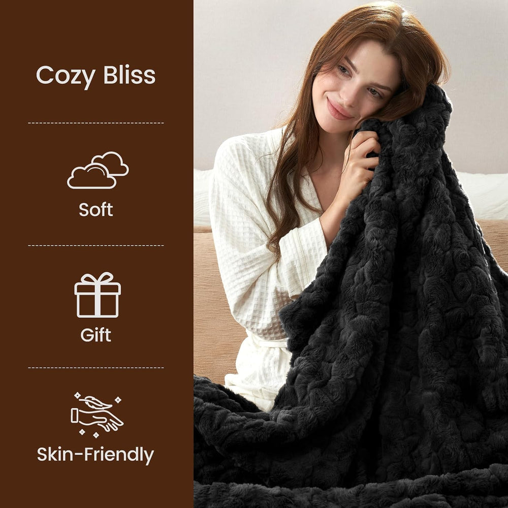 Cozy Bliss Faux Fur Throw Blanket for Couch, Fuzzy Soft Plush Thick Warm Fluf...