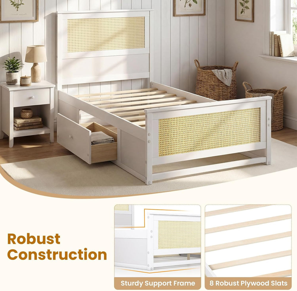 KOMFOTT Twin Rattan Bed Frame with 2 Storage Drawers, Boho Wooden Platform Be...
