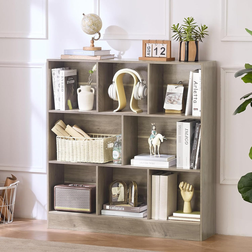 LEYAOYAO 8 Cube Bookshelf with Base,3 Tier Mid-Century Modern Grey Bookcase,S...