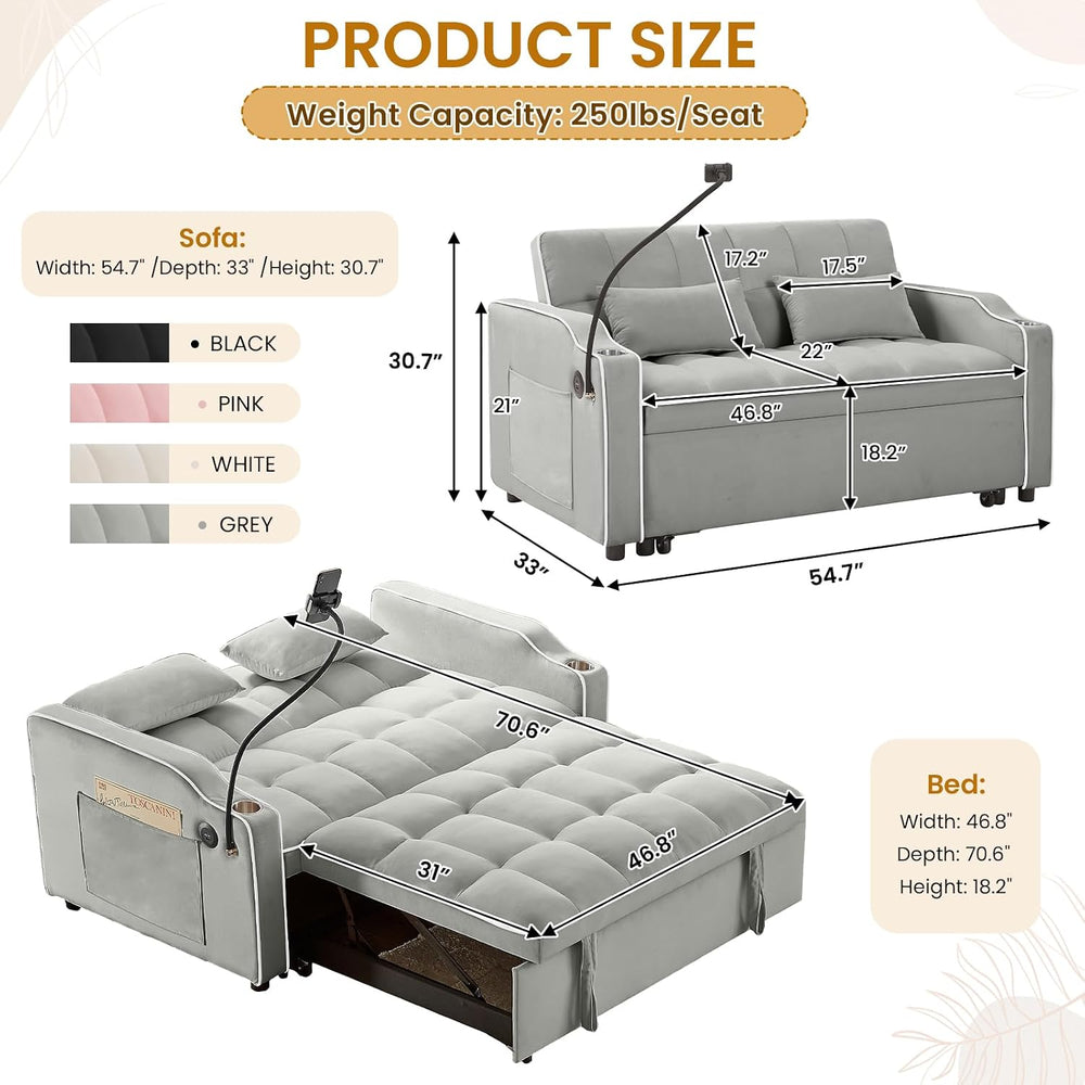 Sleeper Sofa Couch Bed with Phone Holder, Modern 3-in-1 Convertible Velvet Pu...