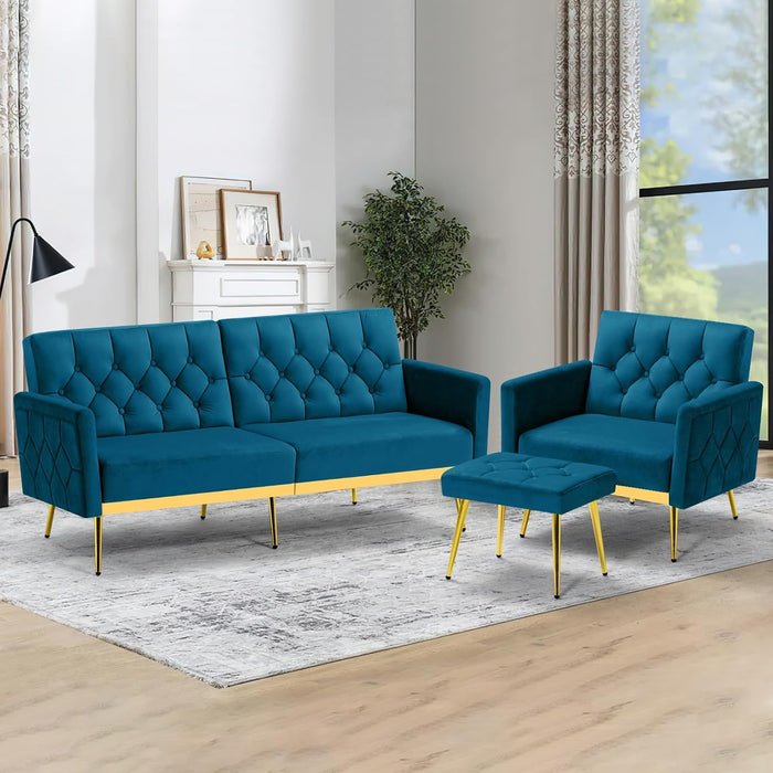 2 Pieces Velvet Sofa Set w/Adjustable Armrests & Backrests, Teal
