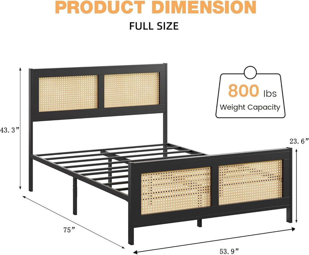 IDEALHOUSE Rattan Bed Frame with Headboard, Boho Full Size Bed Frame, Black