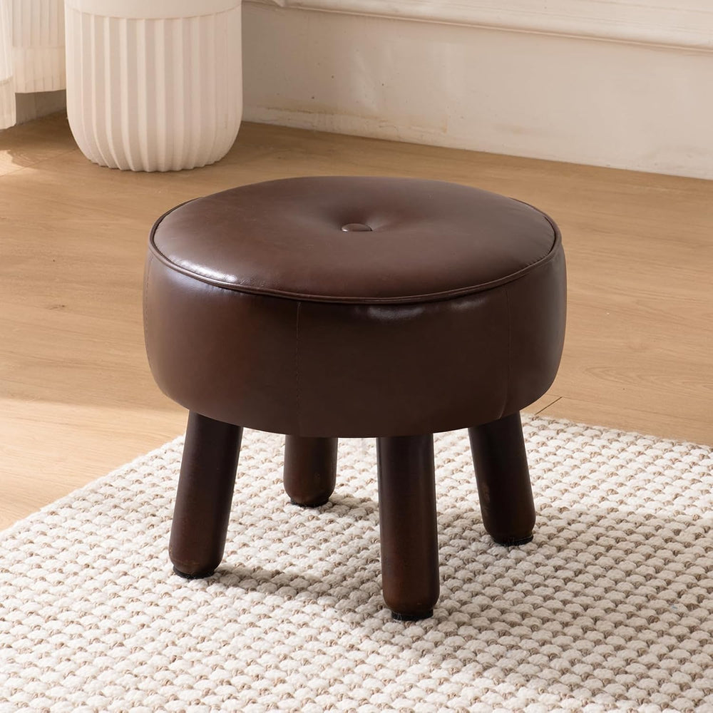 Small 13" Foot Stool Ottoman, Round Pouf Foot Rest, Faux Leather Footsto...