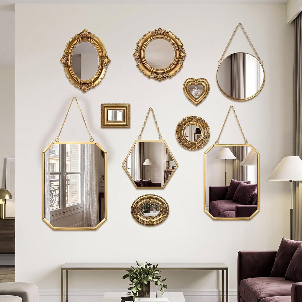 Vintage Gold Wall Mirror Set, 14in/11.2in/10.5in/7.8in, Novel Style, 10 Pcs