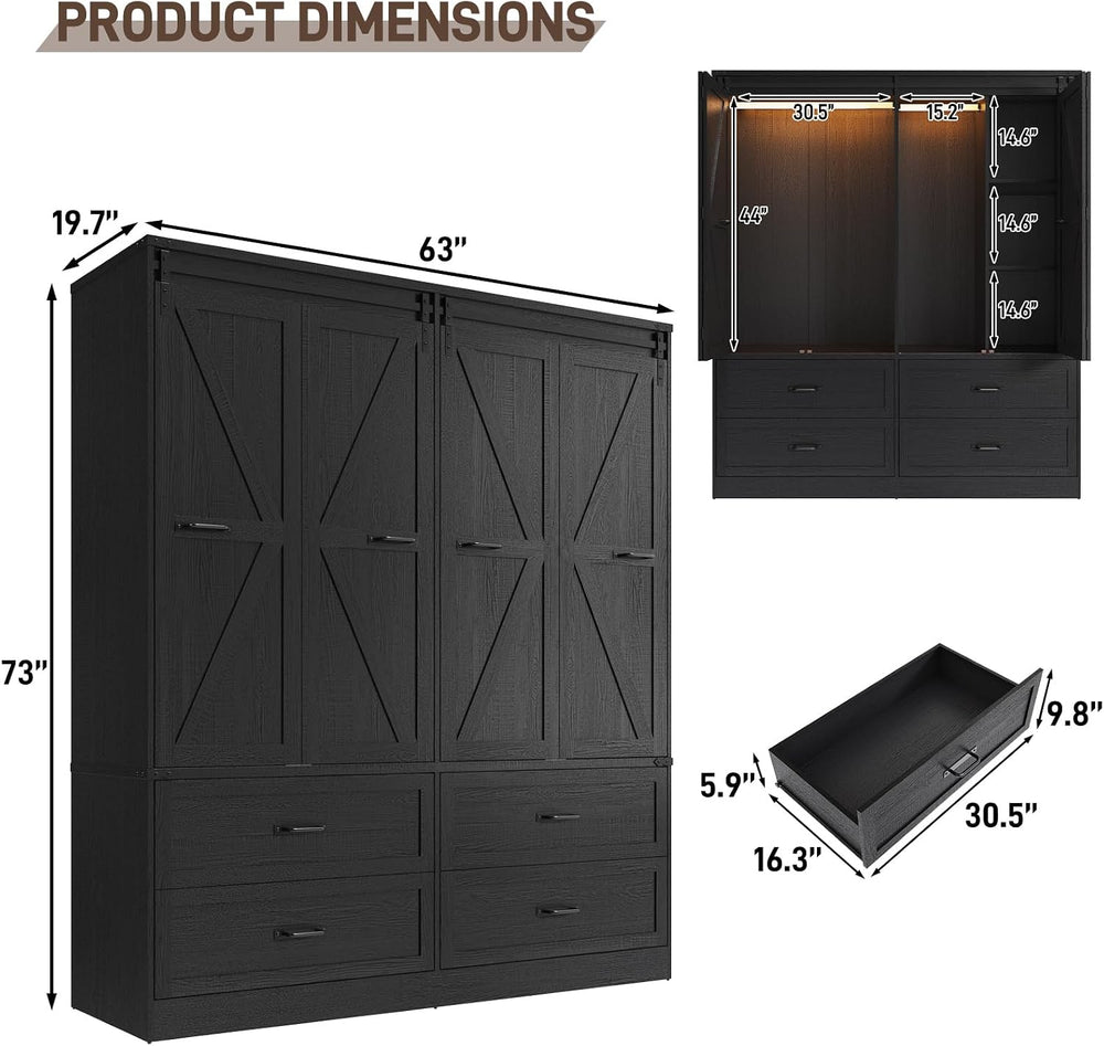 Farmhouse 4 Doors Armoire Wardrobe Closet w/Folding Sliding Barn Door and Lig...