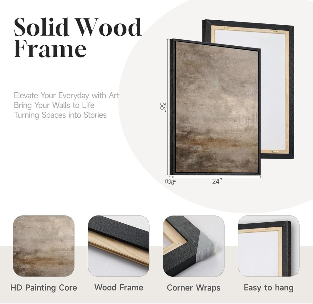 Large Framed Neutral Brown Abstract Wall Art for Living Room, 24x36 Inch
