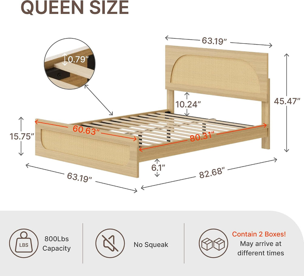 KISLOT Boho Rattan Bed Frame, Farmhouse Platform, Natural, Queen