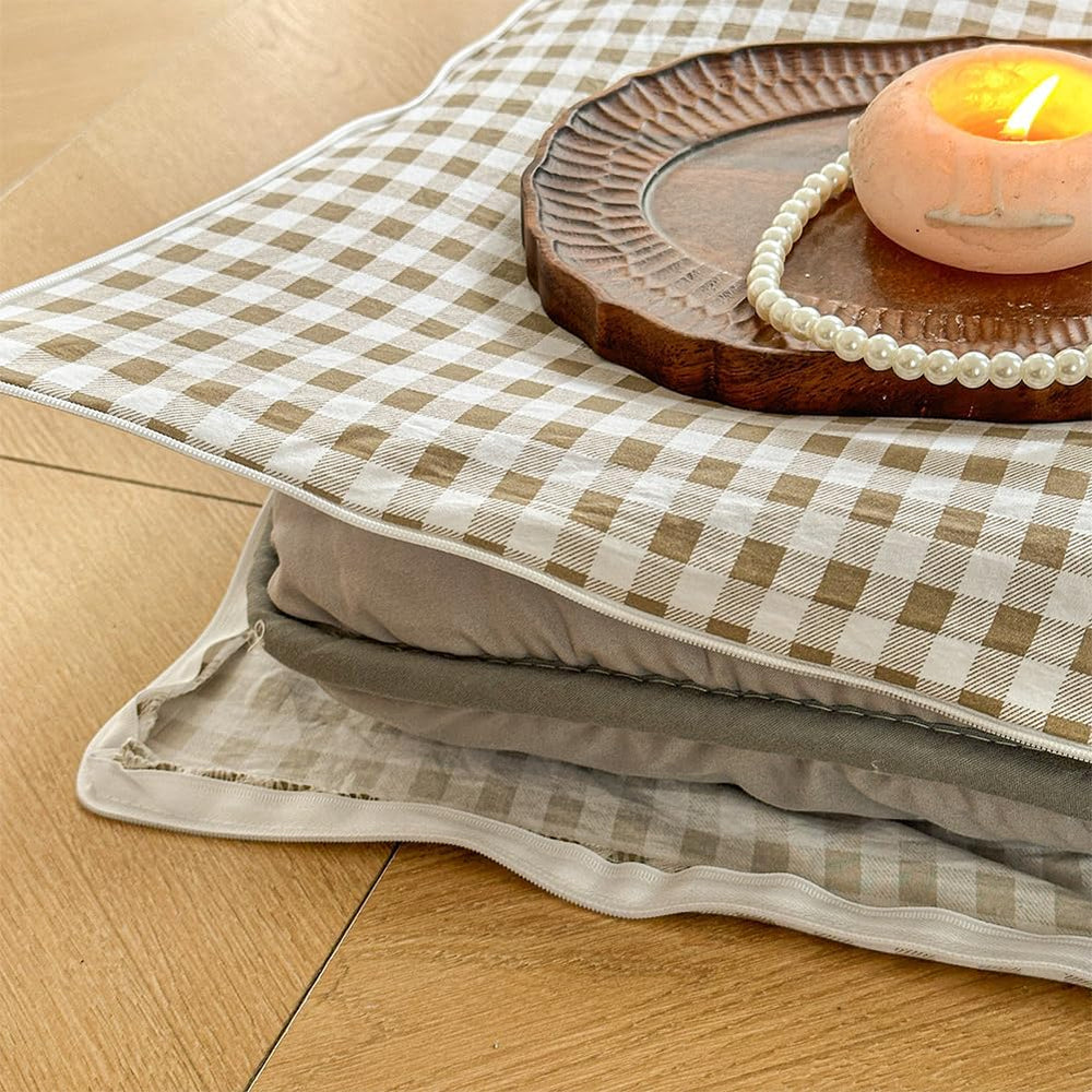 Tan Gingham Queen Japanese Floor Mattress Futon Cover for 3-4" Thick Pad