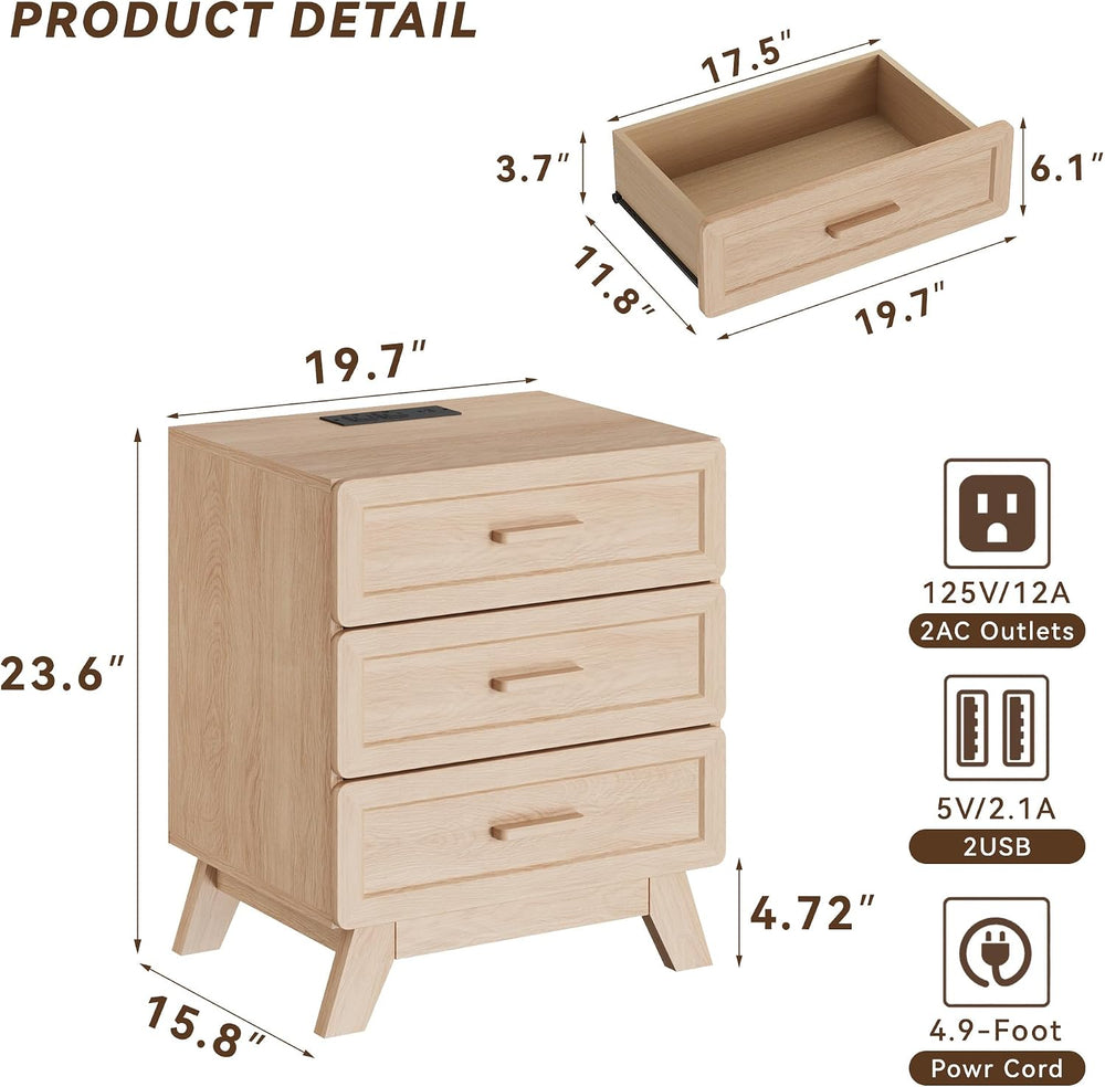 YANSNWO 23.6" Tall Nightstand with Charging Station, 3 Drawers, Natural
