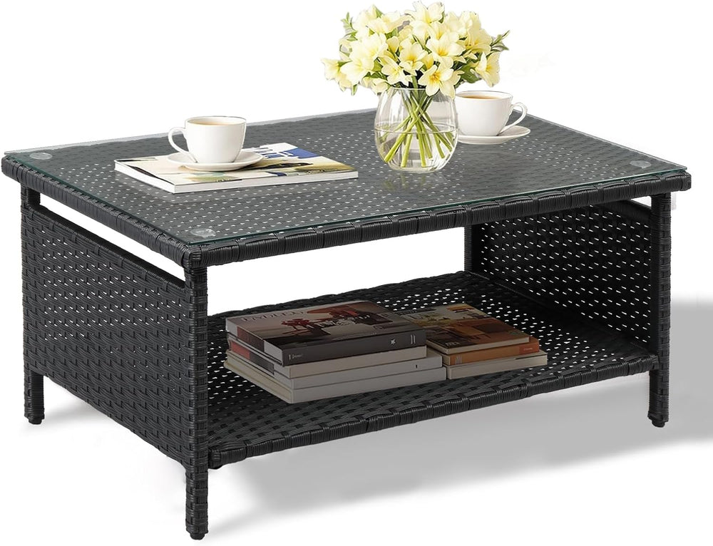 VINGLI Outdoor Wicker CoffeeTable Patio Coffee Tables for Outside, Tempered G...