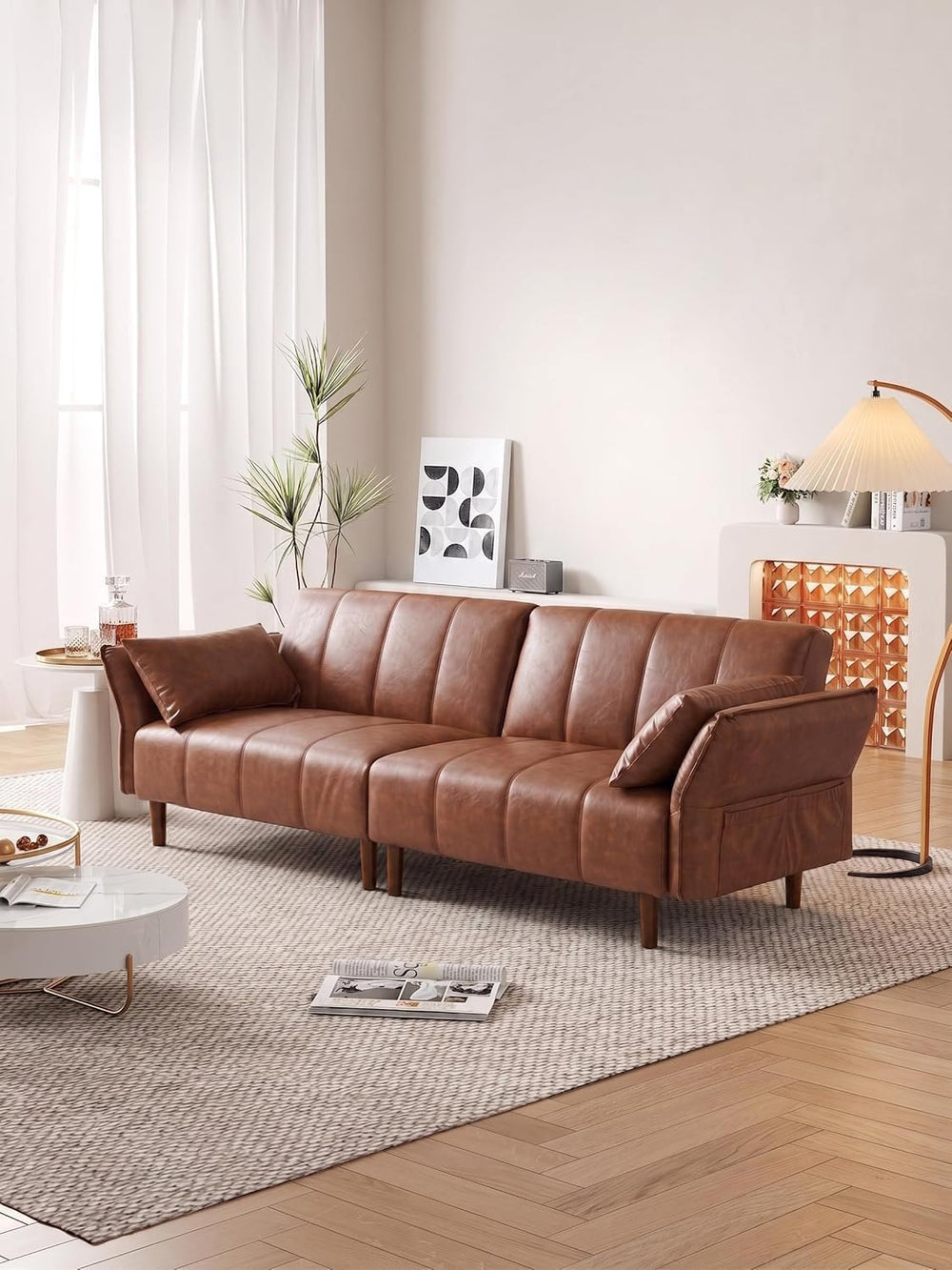 83" Mid Century Modern Futon Sofa Bed, Brown Faux Leather Couch