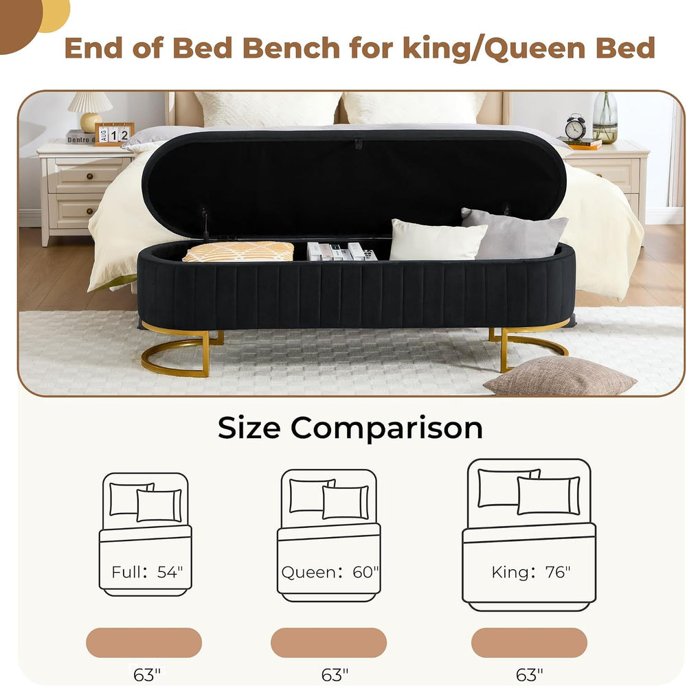 Storage Ottoman Bench, 63" Velvet End of Bed Bench Bedroom Bench King Si...