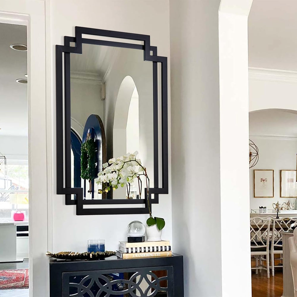 28" x 40" Black Wall Mirror for Decor with Geometric Metal Frame
