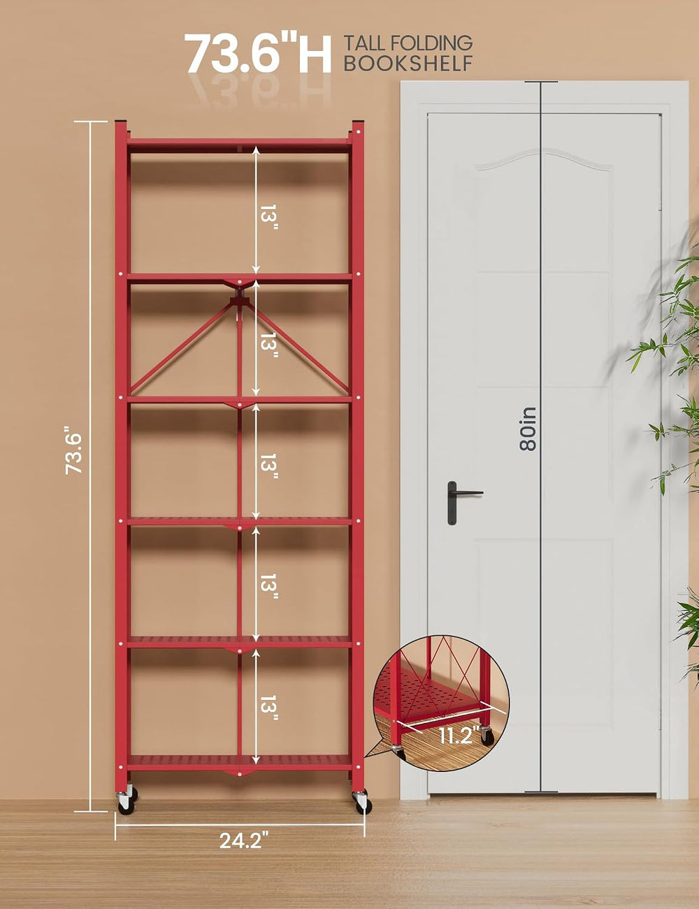 ALANNG 73.6 Inch Folding Bookshelf, 6 Tier Metal Bookcase and Bookshelves | T...
