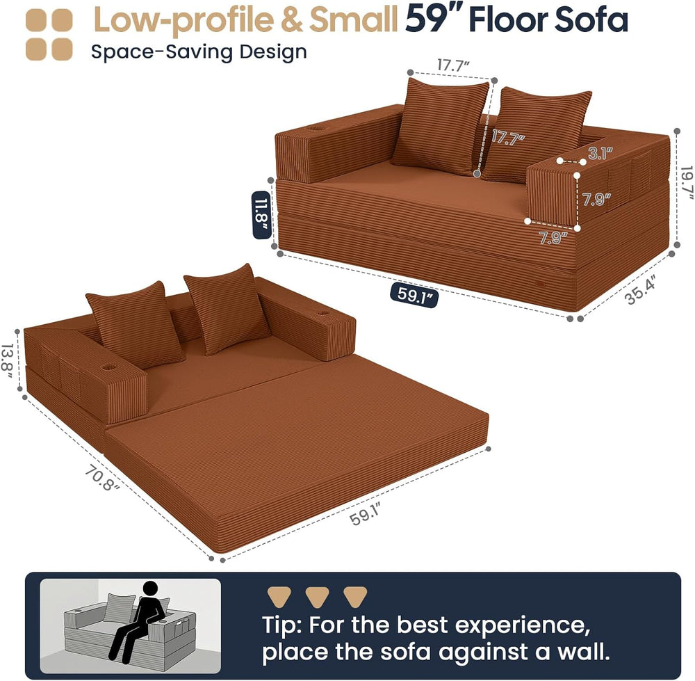COMAX Boneless Futon Sofa Bed, 59" Small Low-Profile Floor Couch, Orange