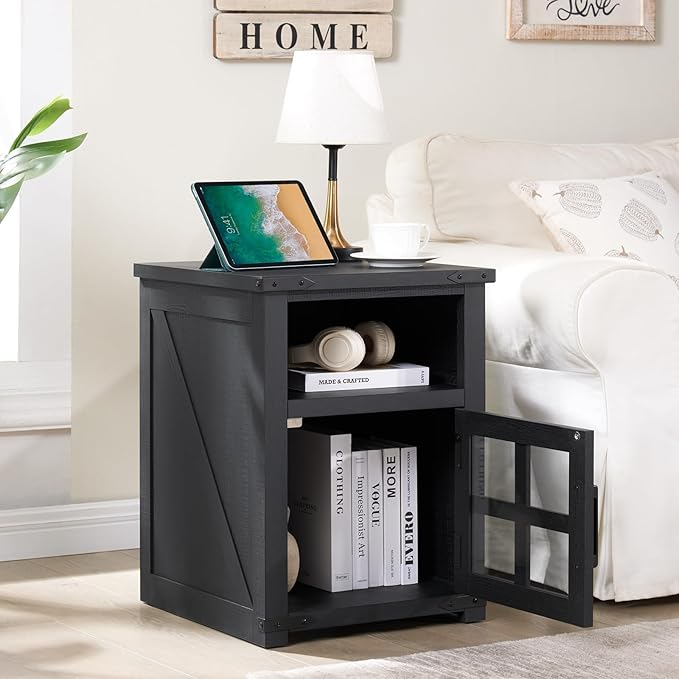 Farmhouse Nightstand with Charging Station, Rustic End Table with Tempered Gl...