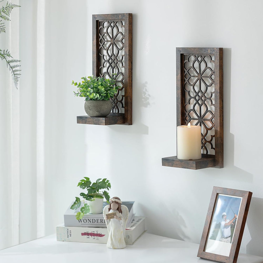 Wall Candle Holder Set of 2 with RealMirror, Distressed Brown