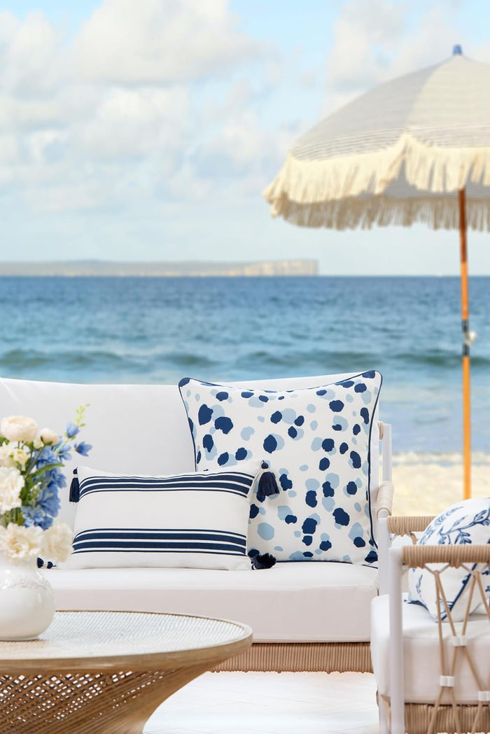 Hofdeco Premium Coastal Patio Indoor Outdoor Throw Pillow Cover Only, 20"x20" Water Repellent for Backyard, Couch, Navy Blue Leopard with Piping (Pack of 2)