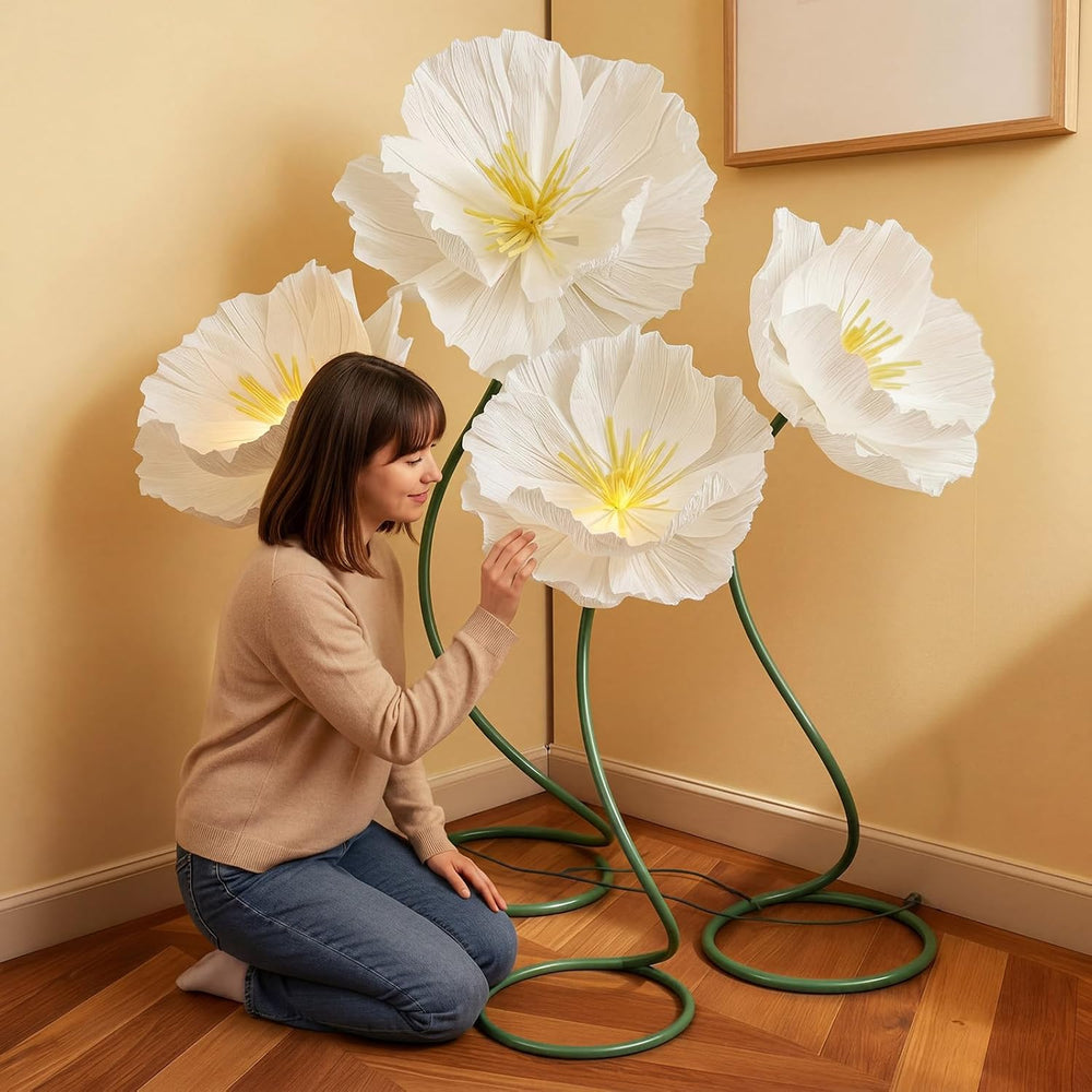 4 Pcs 5ft Large Paper White Poppy Flower Giant Artificial Poppy