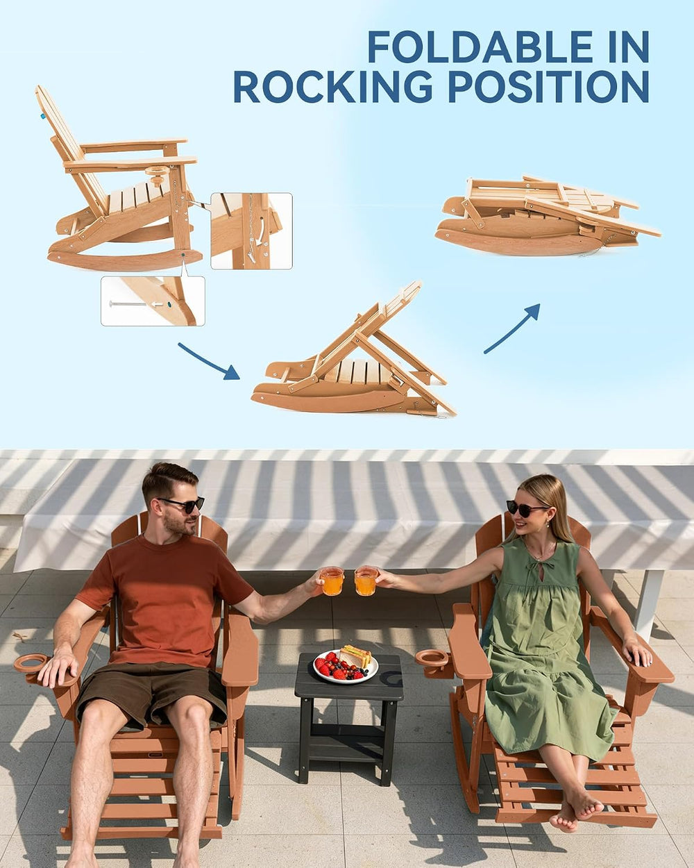 Folding Adirondack Rocking Chair with Footrest, HDPE Adirondack 4-in-1 Multif...