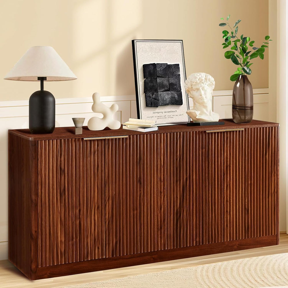 59" Walnut Fluted Sideboard Buffet Cabinet with Storage, Large Buffet Ca...