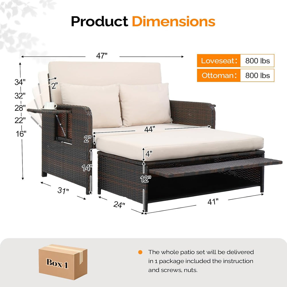 VINGLI Patio Daybed, Wicker Outdoor Daybed with Storage Ottoman & 5-Level...