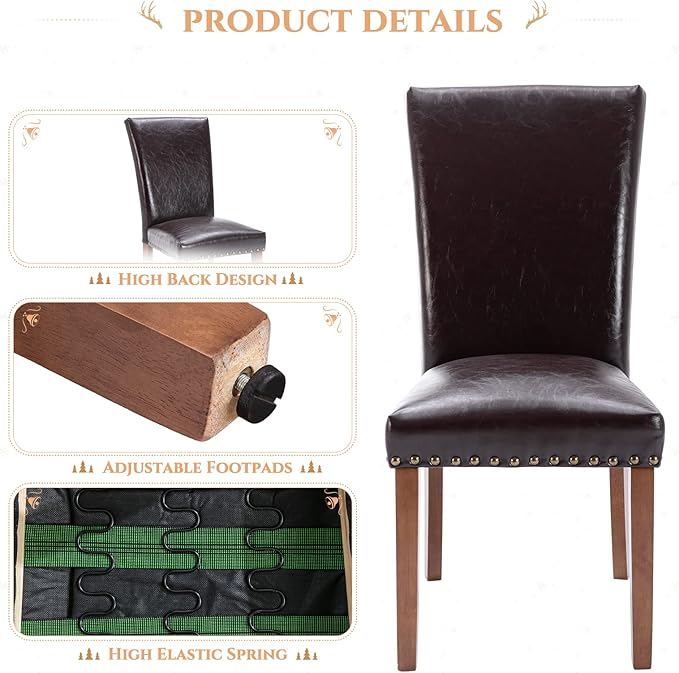 Parsons Dining Chairs Set of 6, Upholstered Nailhead PU Leather Dining Room K...