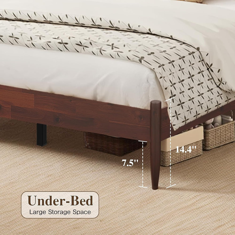 King Bed Frame with Rattan Headboard, Solid Wood Foundation with 12-Slat Wood...