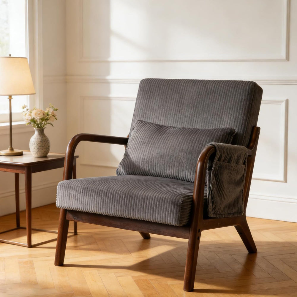 Mid Century Modern Accent Chair with Pocket, Solid Wood Armchair, Dark Gray