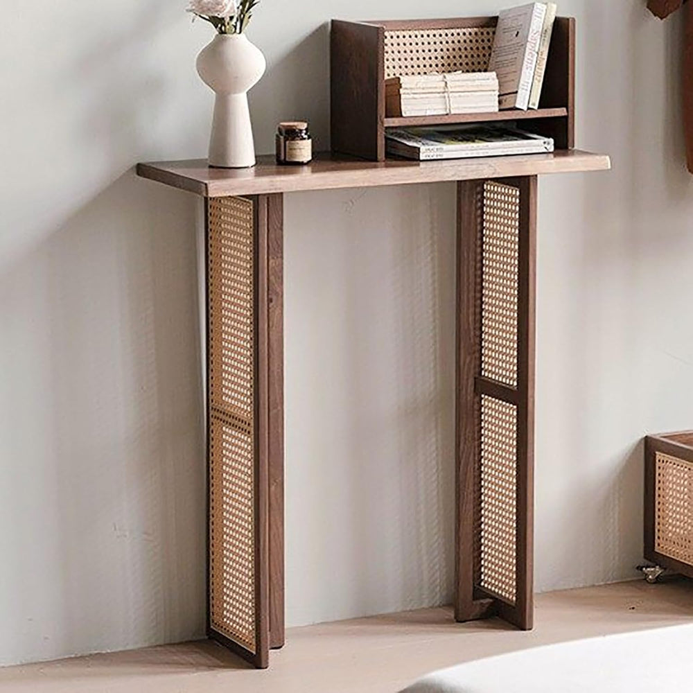 Rustic Console Table with Solid Wood Tabletop and Rattan Table Legs Narrow Sh...