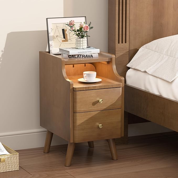 Narrow Nightstand, Solid Wood Night Stand with 2 Drawers, Walnut Mid Century ...