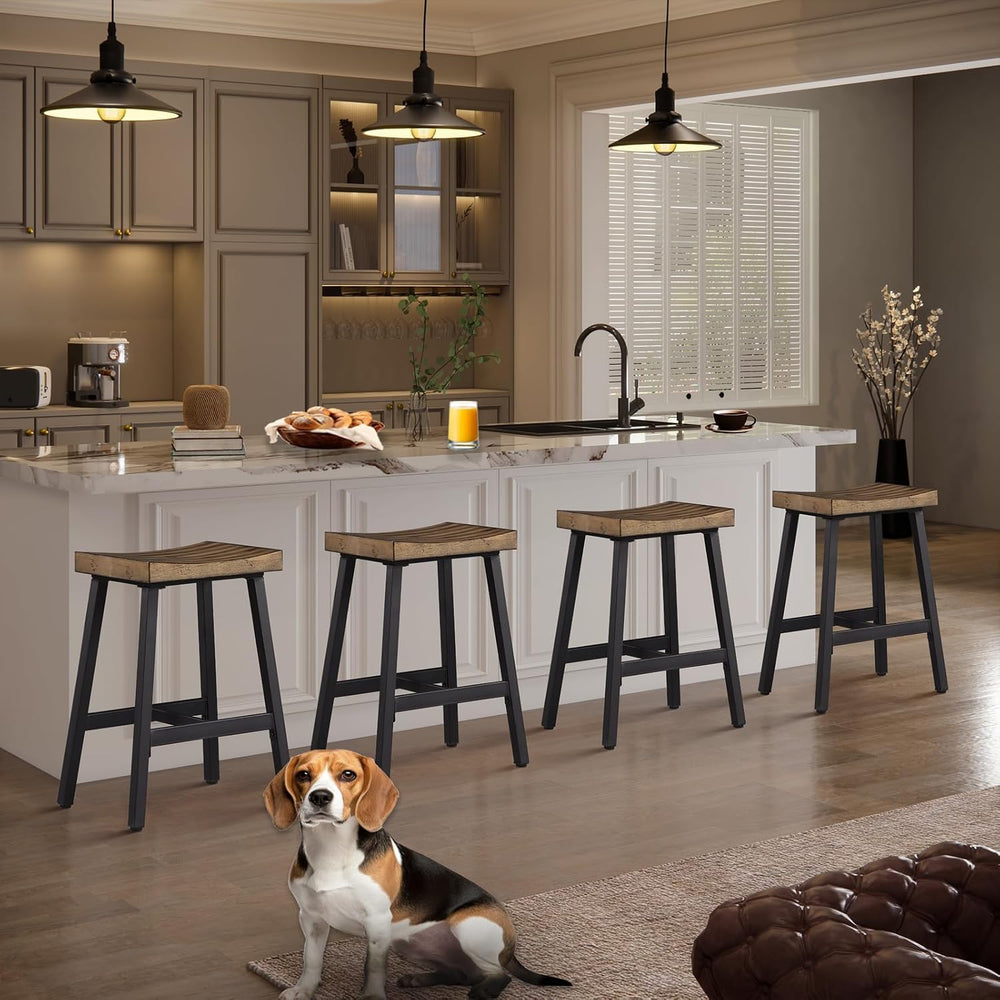 KORZEY Wood Counter Bar Stools Set of 3, Industrial Barstools with Rustic Sad...