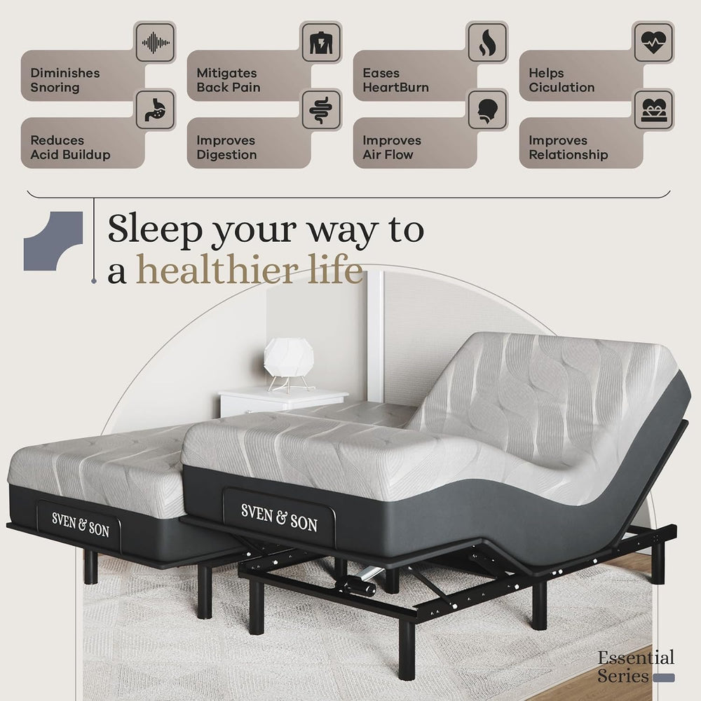 Sven & Son Essential Adjustable Bed Base (Frame) + 14 inch Hybrid Spring ...