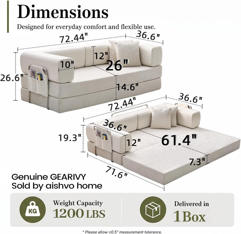 Folding Sofa Bed Convertable Corduroy Couch King Size Floor Sleeper 4-in-1 DI...